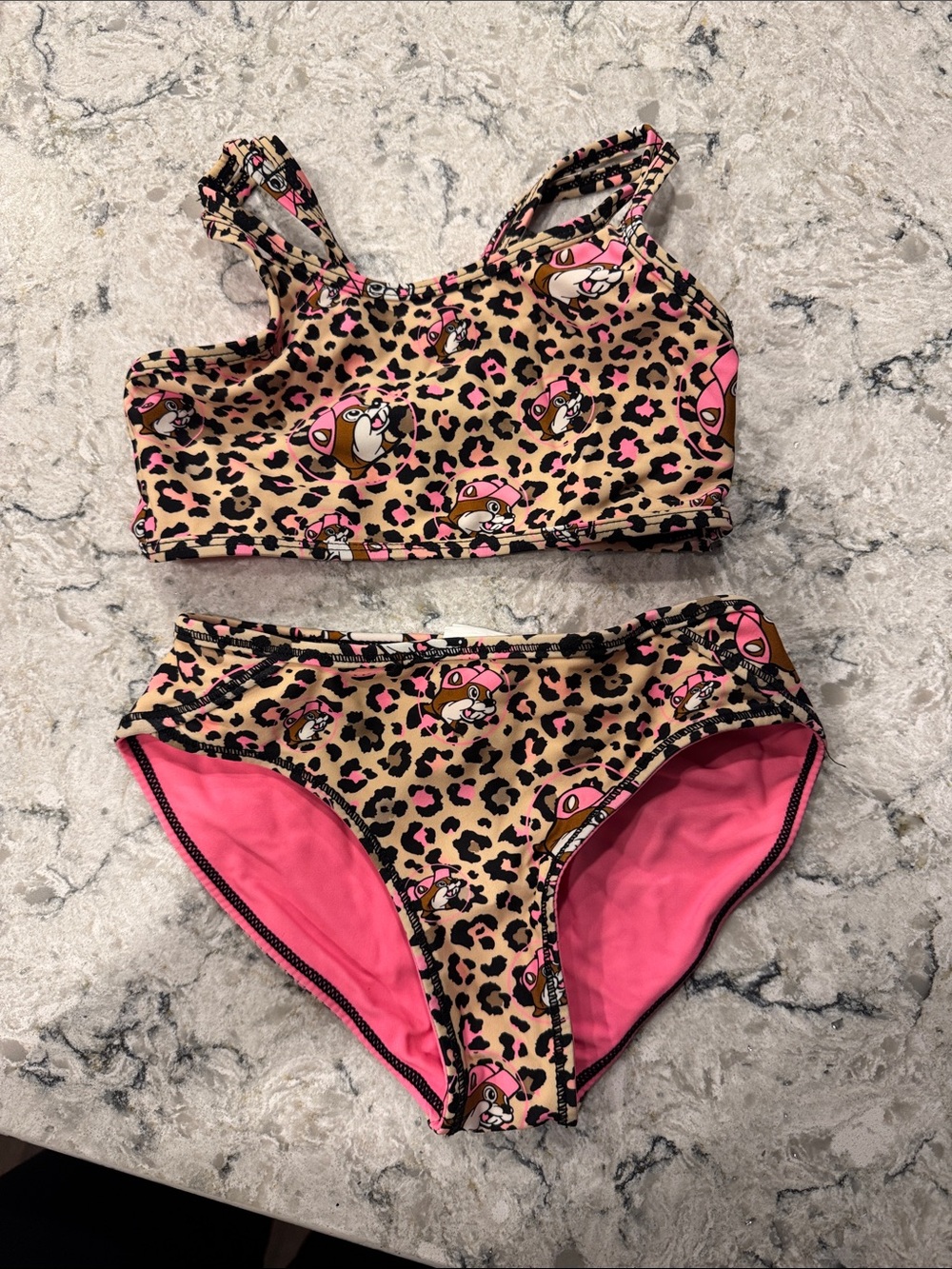 Buc-ee’s reversible bathing suit Girls Two-Piece Leopard & Pink Swimsuit Set